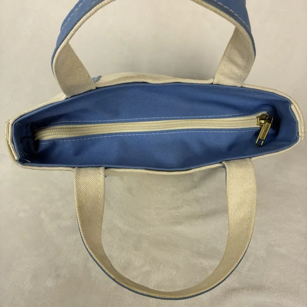 Vintage LL Bean Mini Boat And Tote -Beige Light Blue Canvas Bag With Zipper Top